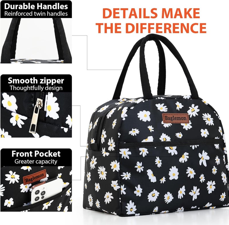 Baglemon Insulated Lunch Bag for Women Men, Lunch Containers Reusable High Capacity Lunch Tote Bags for Work Picnic (Blackdaisy) - Image 2